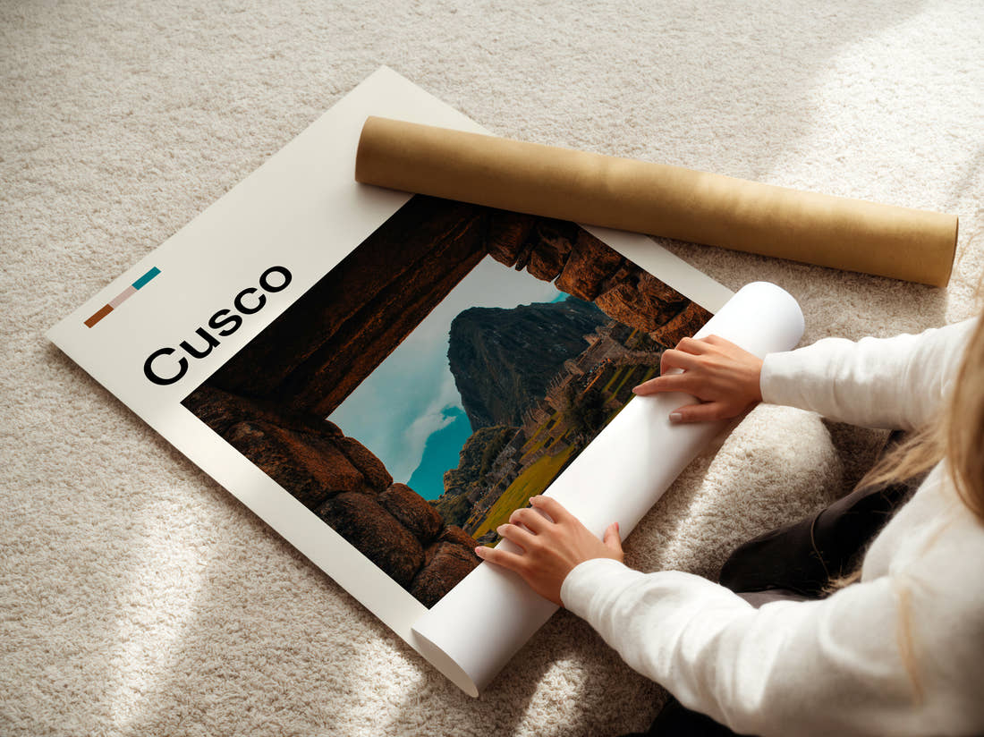 Cusco Machu Picchu Travel Print being unrolled from its postal tube