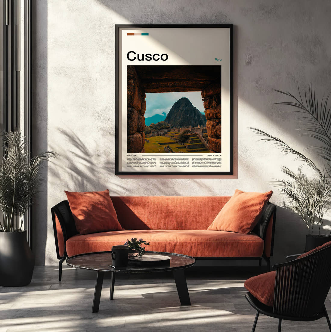 Cusco Machu Picchu Travel Print framed on the wall of a modern living room