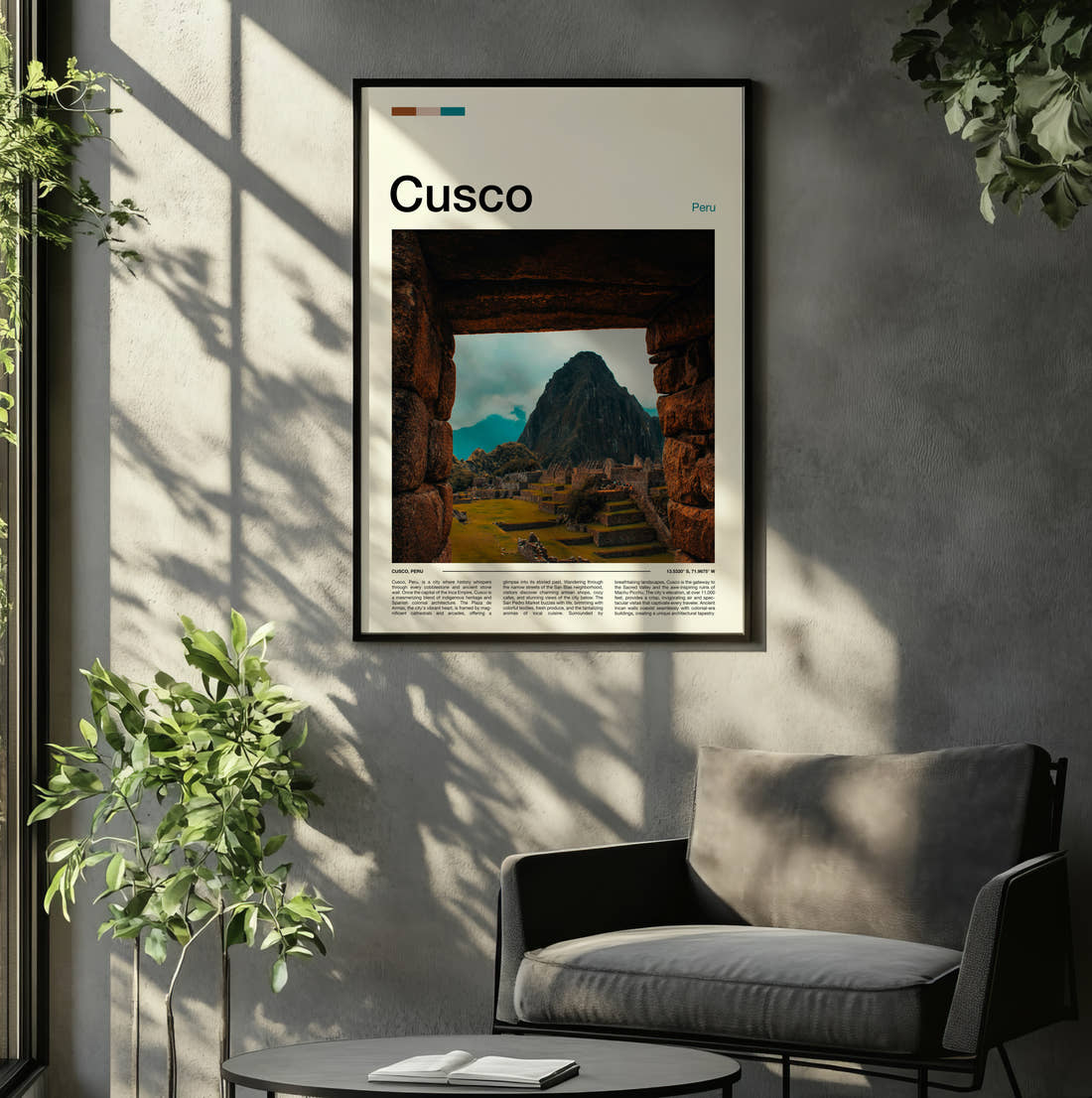 Cusco Machu Picchu Travel Print framed on the wall of a relaxed living room