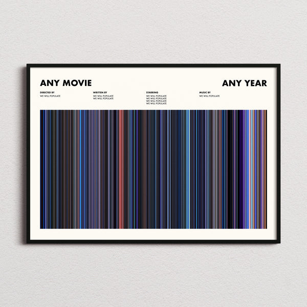Custom Movie Barcode Poster framed and photographed straight on