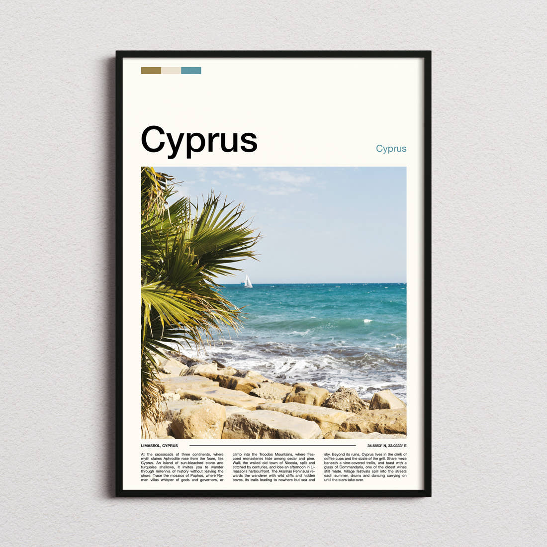 Cyprus Rocky Coastal Shoreline Travel Print framed and photographed straight on