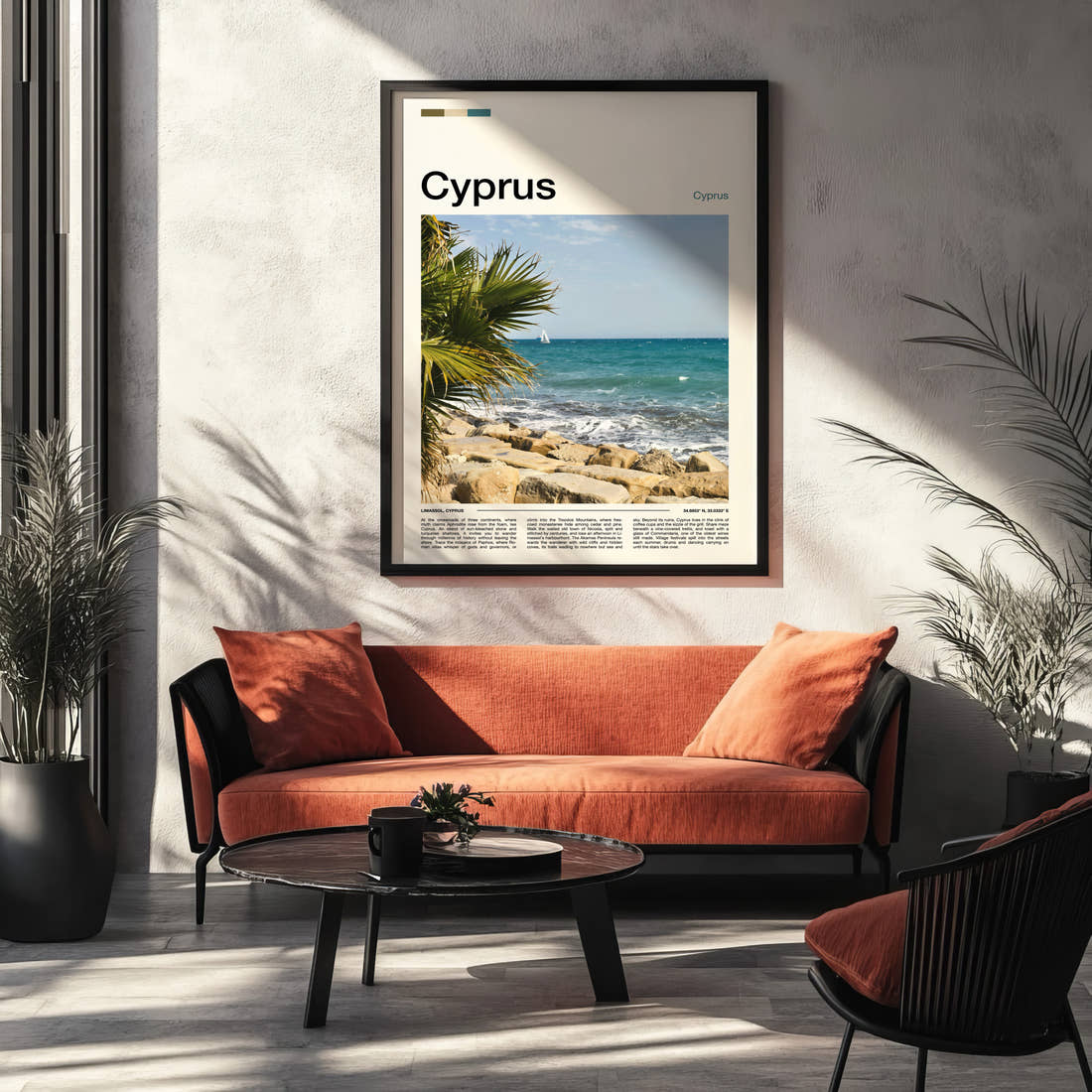 Cyprus Rocky Coastal Shoreline Travel Print framed on the wall of a modern living room