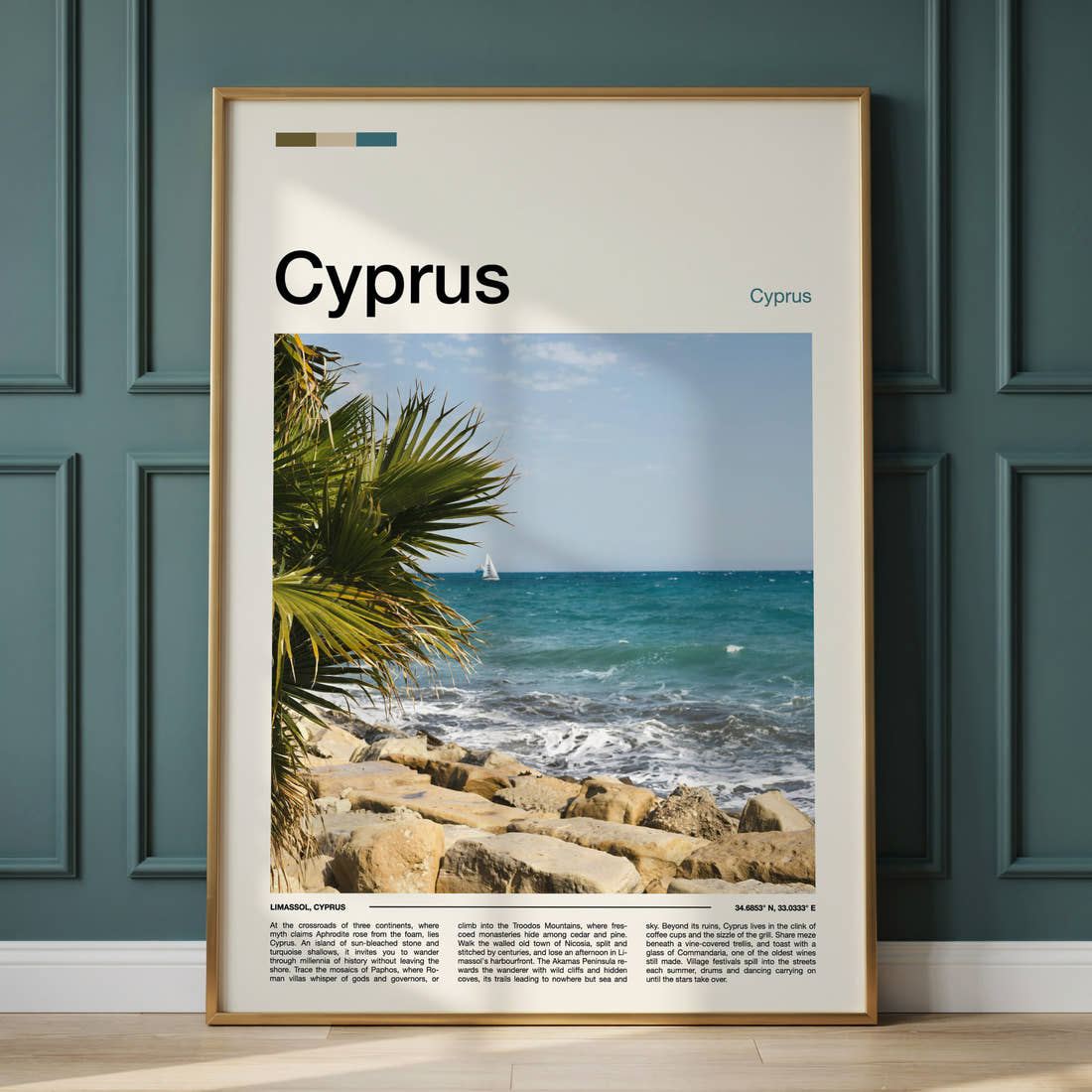 Cyprus Rocky Coastal Shoreline Travel Print framed on the wall of a calm, neutral bedroom