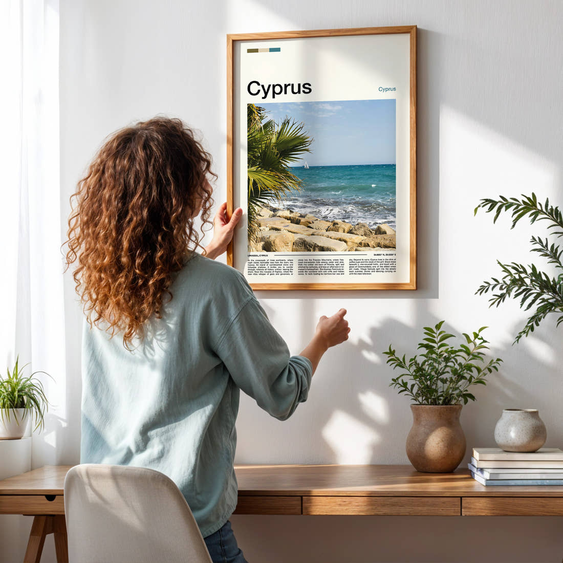 Cyprus Rocky Coastal Shoreline Travel Print framed on a pale wall beside houseplants