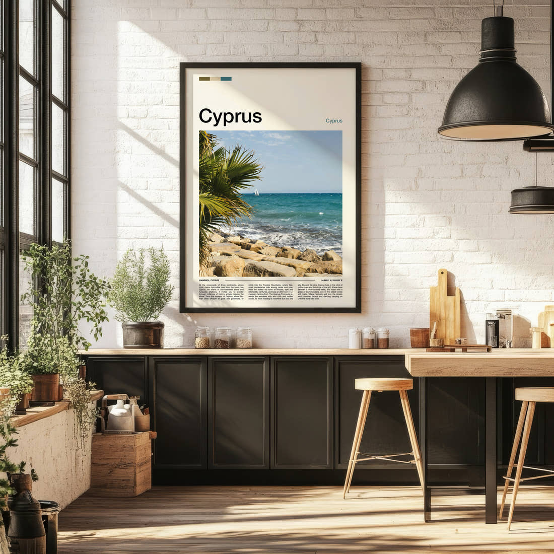Cyprus Rocky Coastal Shoreline Travel Print framed on the wall of a bright kitchen and dining space