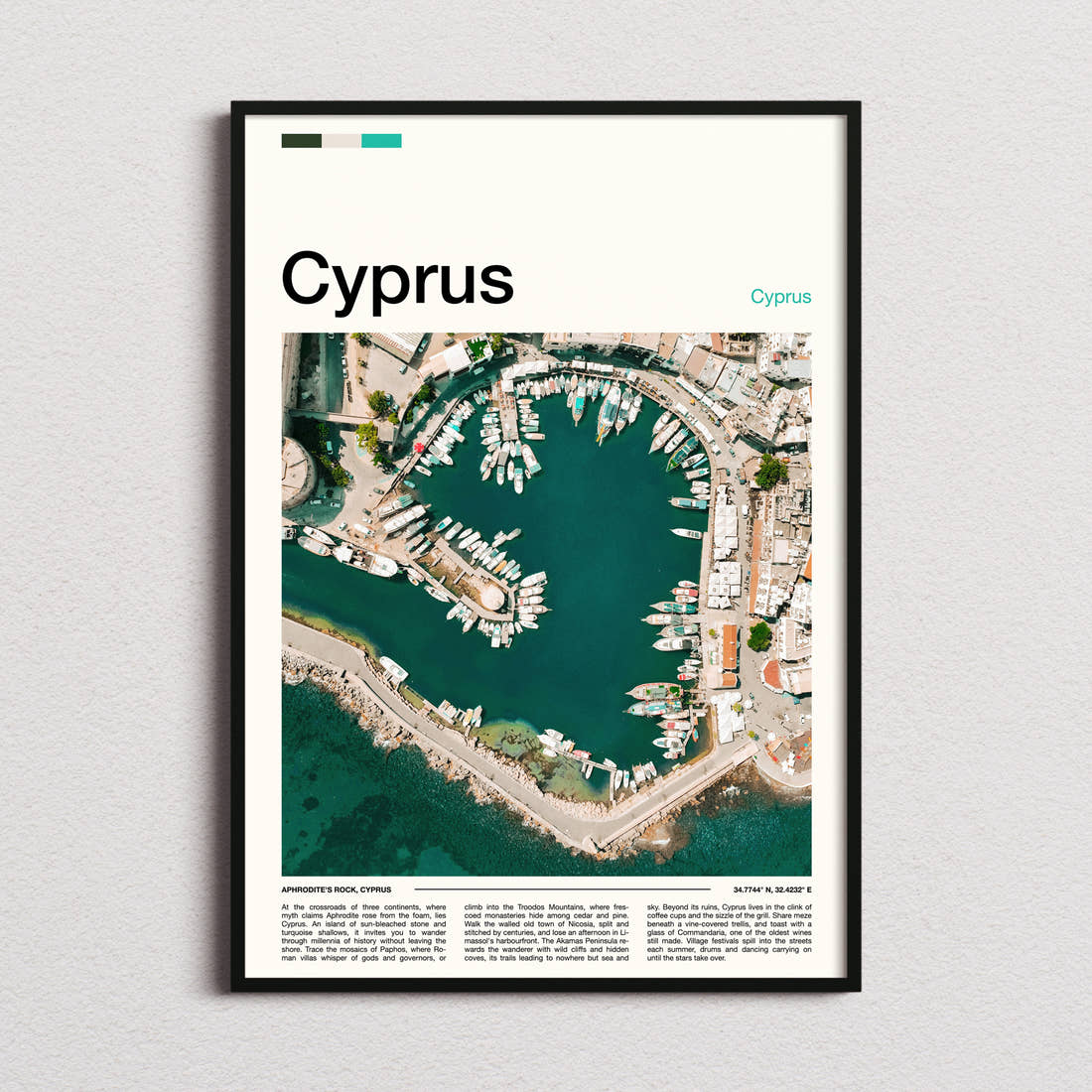 Cyprus Aerial Harbour View Travel Print framed and photographed straight on