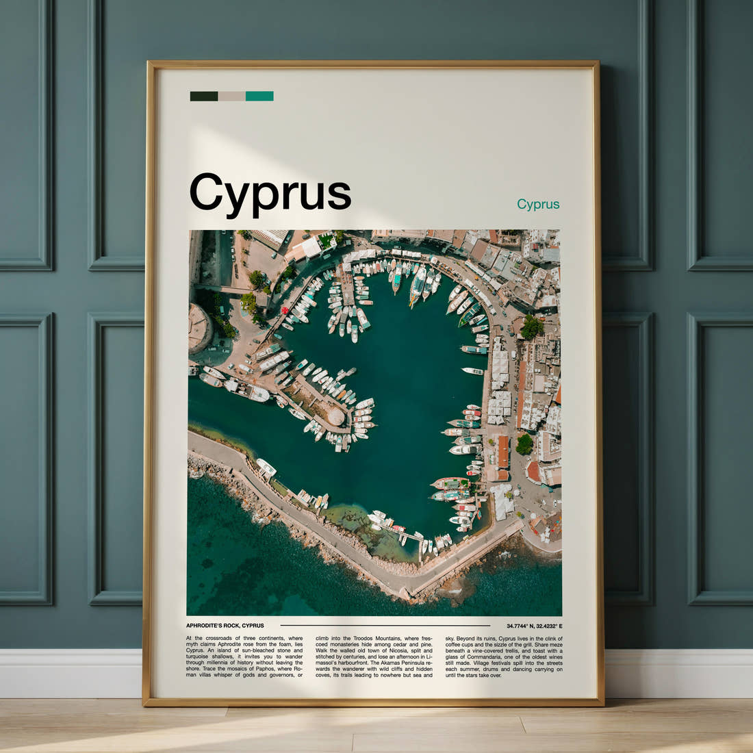 Cyprus Aerial Harbour View Travel Print framed on the wall of a calm, neutral bedroom