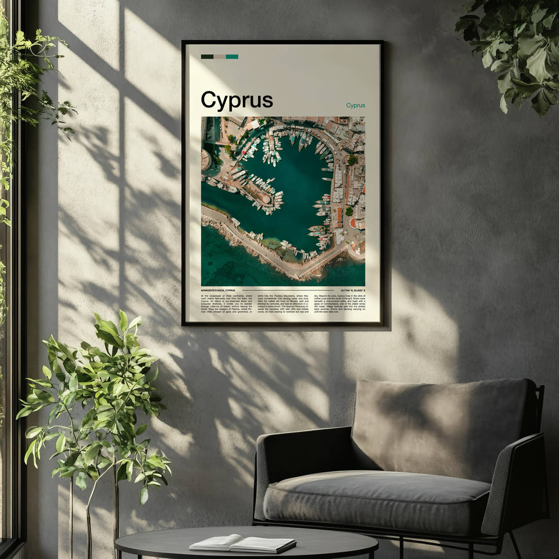 Cyprus Aerial Harbour View Travel Print framed on the wall of a relaxed living room