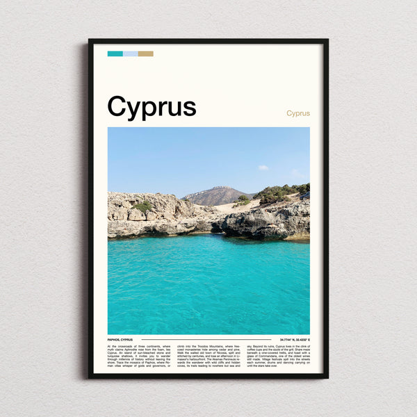 Cyprus Turquoise Rocky Cove Travel Print framed and photographed straight on
