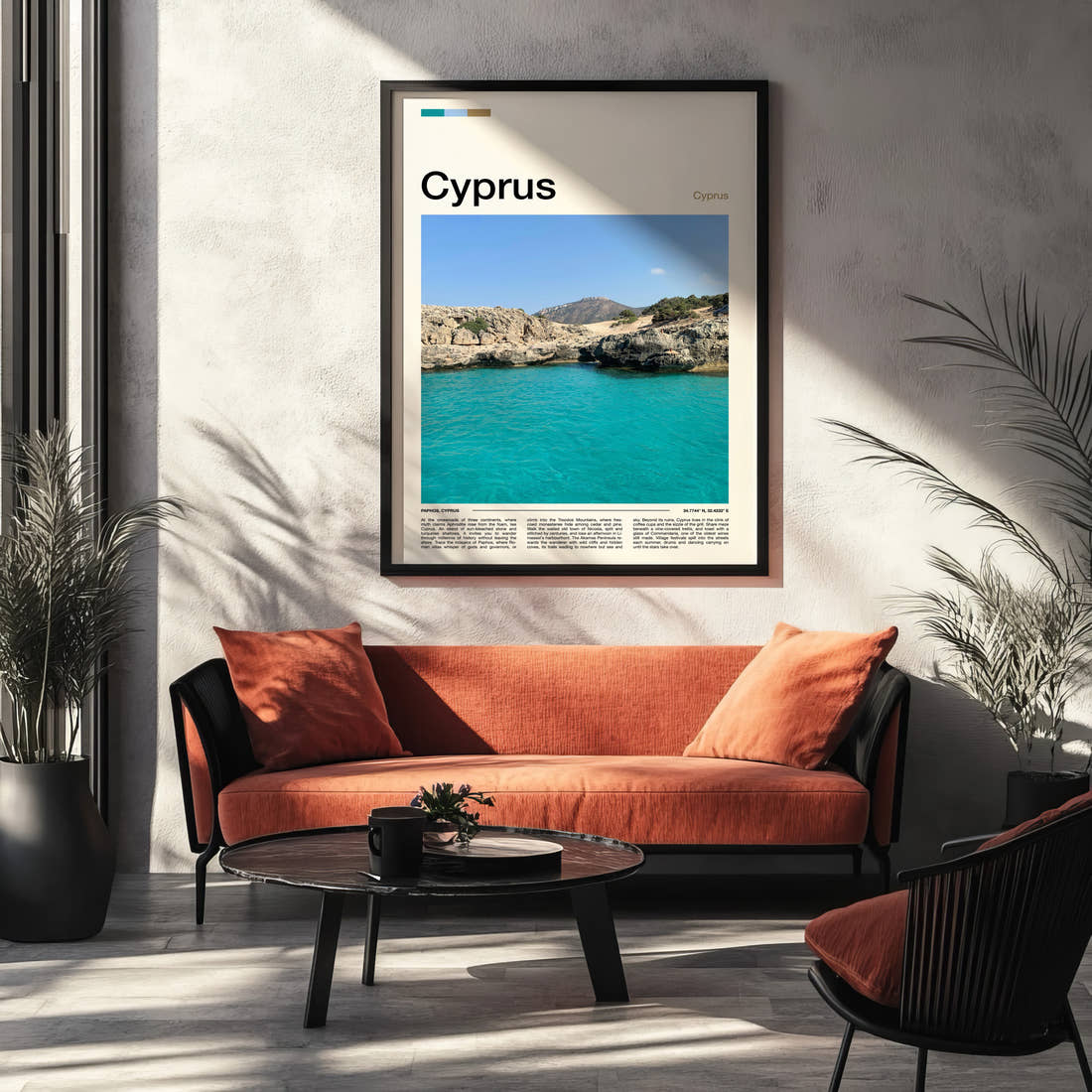Cyprus Turquoise Rocky Cove Travel Print framed on the wall of a modern living room
