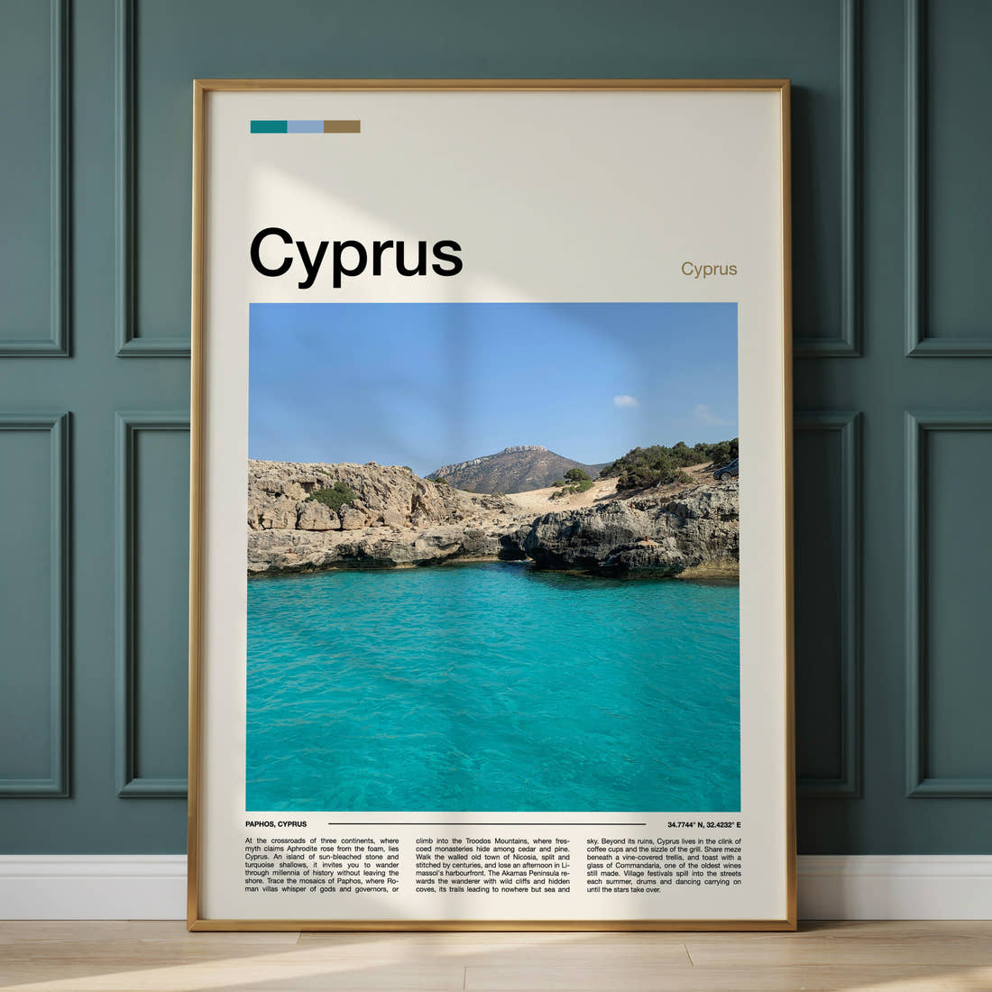 Cyprus Turquoise Rocky Cove Travel Print framed on the wall of a calm, neutral bedroom