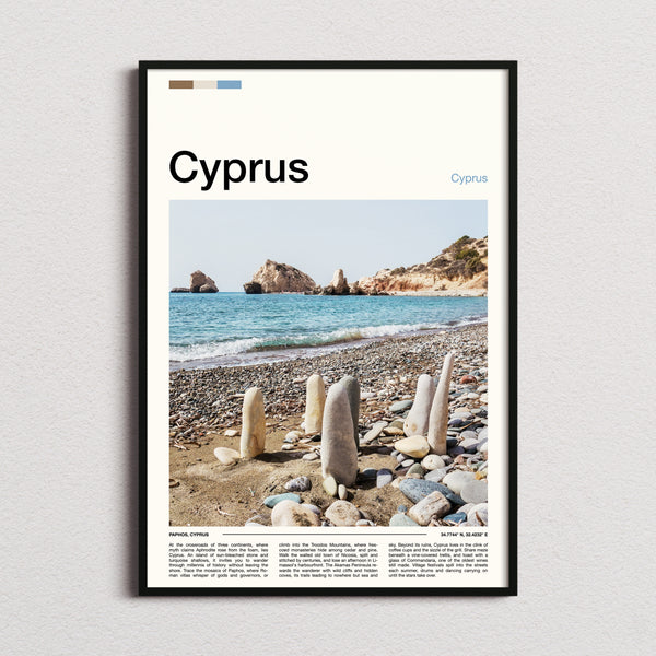 Cyprus Stone Stacks, Pebbled Shore Travel Print framed and photographed straight on