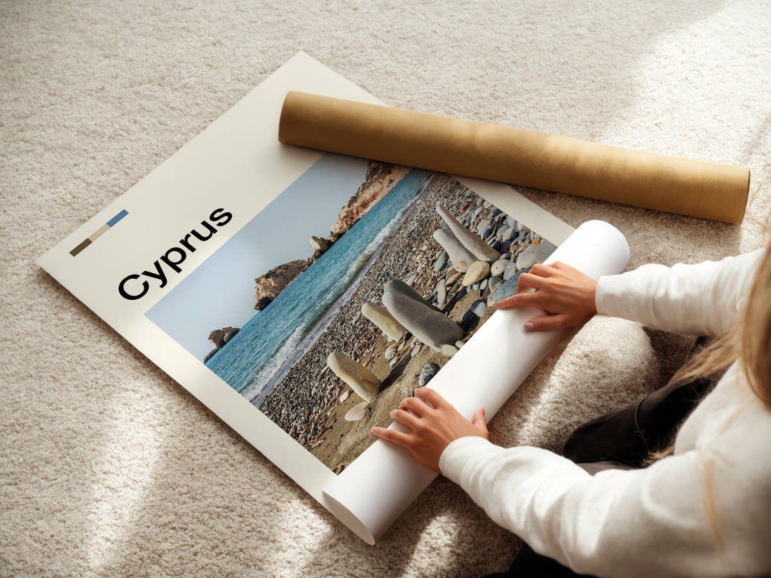 Cyprus Stone Stacks, Pebbled Shore Travel Print being unrolled from its postal tube