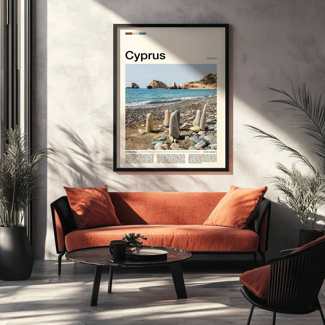 Cyprus Stone Stacks, Pebbled Shore Travel Print framed on the wall of a modern living room