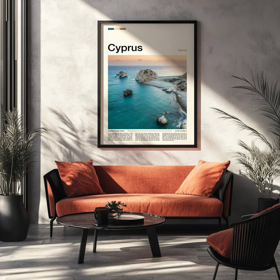 Cyprus Aerial Sea Stacks Travel Print framed on the wall of a modern living room
