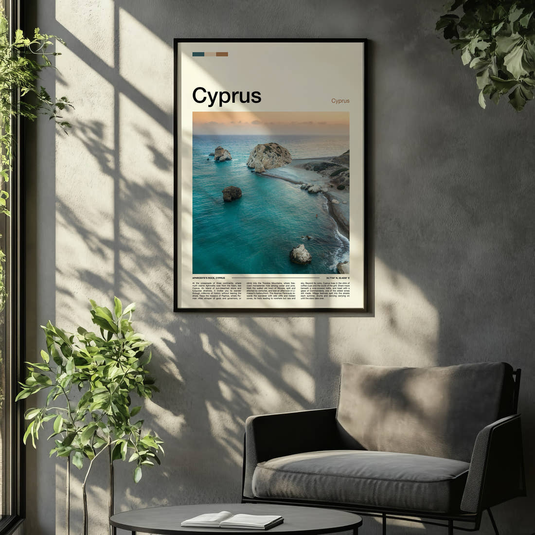 Cyprus Aerial Sea Stacks Travel Print framed on the wall of a relaxed living room
