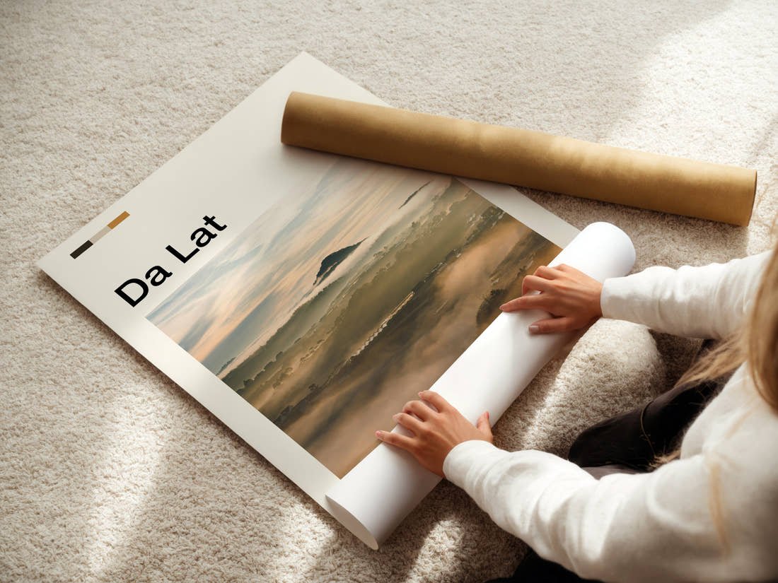 Da Lat Misty Highland Valley Travel Print being unrolled from its postal tube