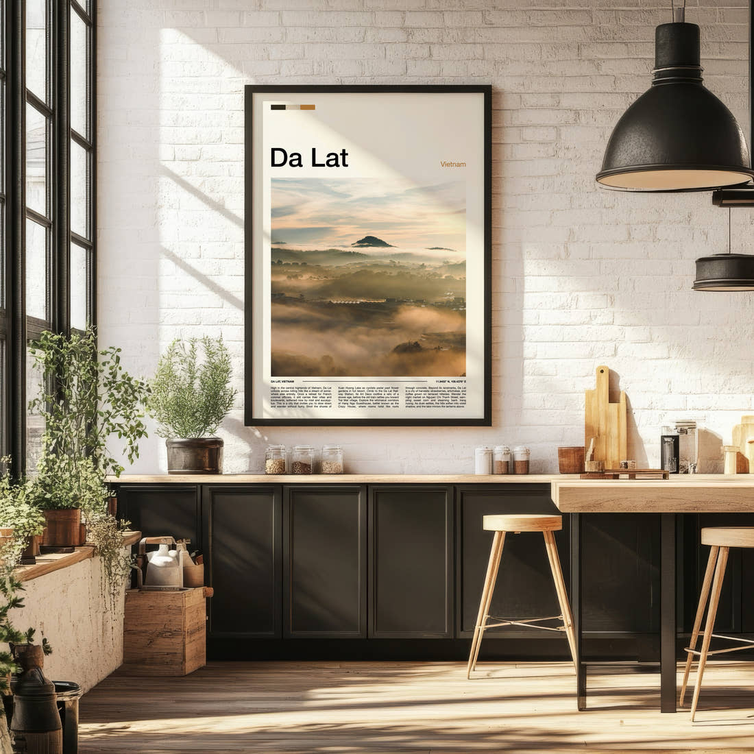 Da Lat Misty Highland Valley Travel Print framed on the wall of a bright kitchen and dining space