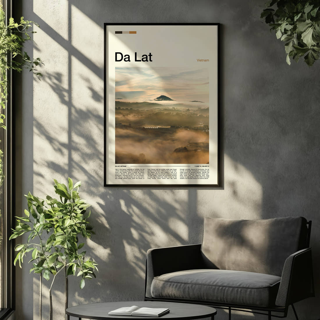 Da Lat Misty Highland Valley Travel Print framed on the wall of a relaxed living room