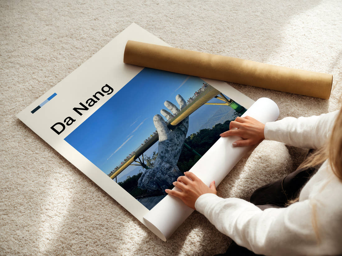 Da Nang Golden Bridge Hands Travel Print being unrolled from its postal tube
