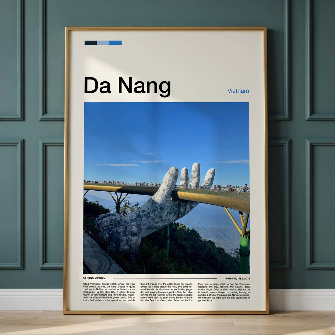 Da Nang Golden Bridge Hands Travel Print framed on the wall of a calm, neutral bedroom