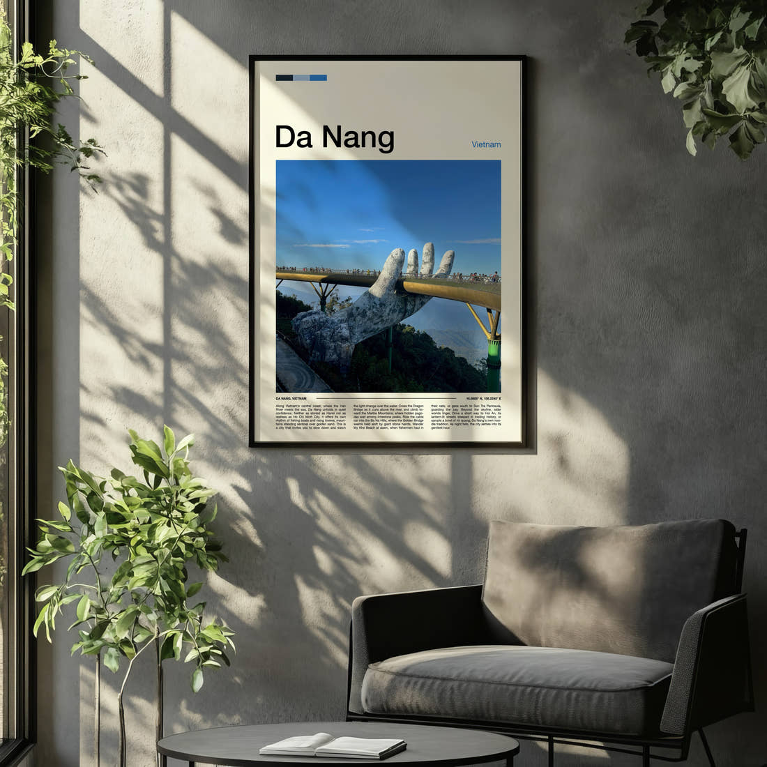 Da Nang Golden Bridge Hands Travel Print framed on the wall of a relaxed living room