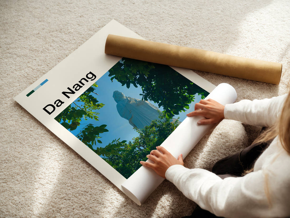 Da Nang Lady Buddha Statue Travel Print being unrolled from its postal tube
