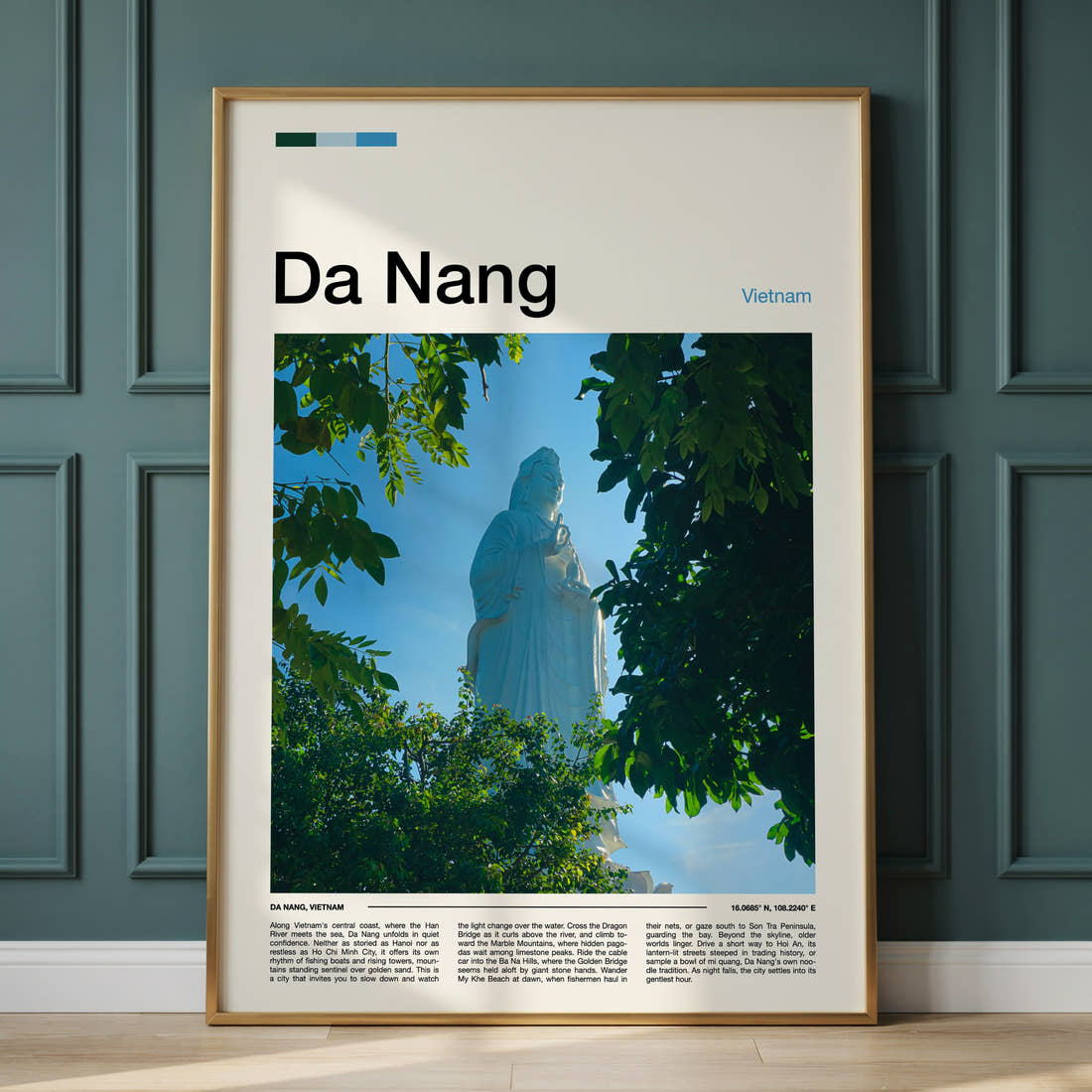Da Nang Lady Buddha Statue Travel Print framed on the wall of a calm, neutral bedroom
