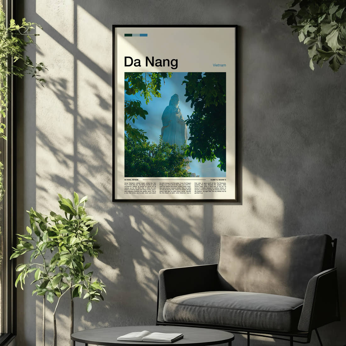 Da Nang Lady Buddha Statue Travel Print framed on the wall of a relaxed living room