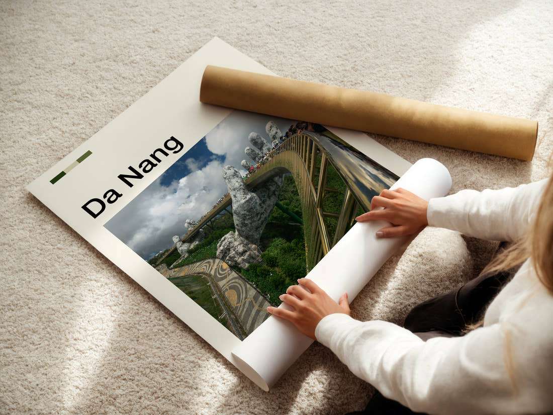 Da Nang Golden Bridge Hands Travel Print being unrolled from its postal tube