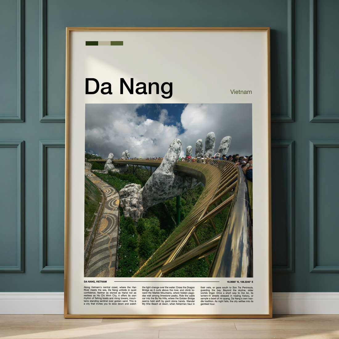 Da Nang Golden Bridge Hands Travel Print framed on the wall of a calm, neutral bedroom
