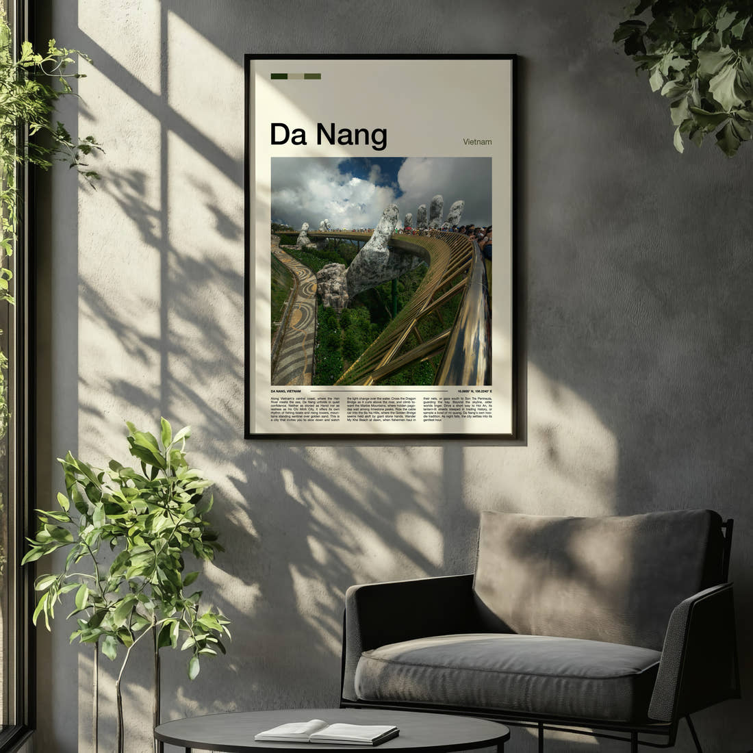 Da Nang Golden Bridge Hands Travel Print framed on the wall of a relaxed living room