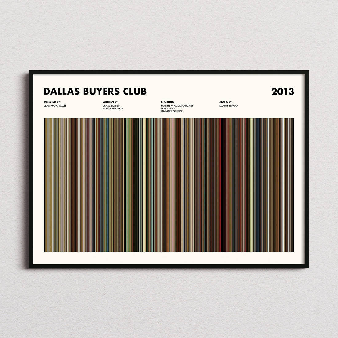 Dallas Buyers Club Movie Barcode Poster framed and photographed straight on