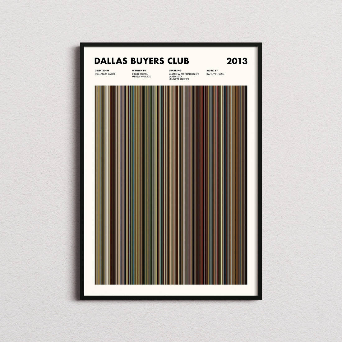 Dallas Buyers Club Movie Barcode Poster framed on a plain studio wall