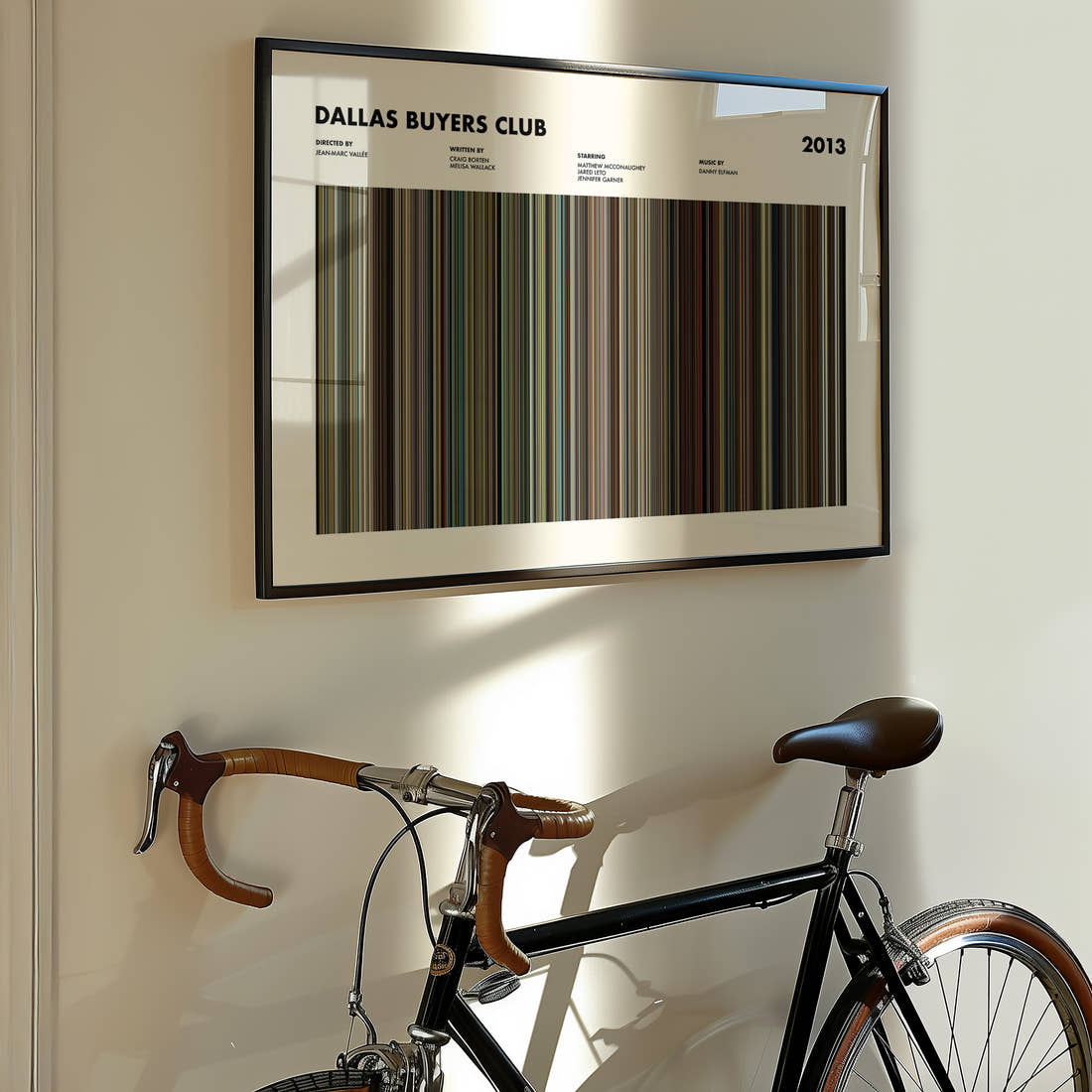 Dallas Buyers Club Movie Barcode Poster framed on the wall of a styled room setting