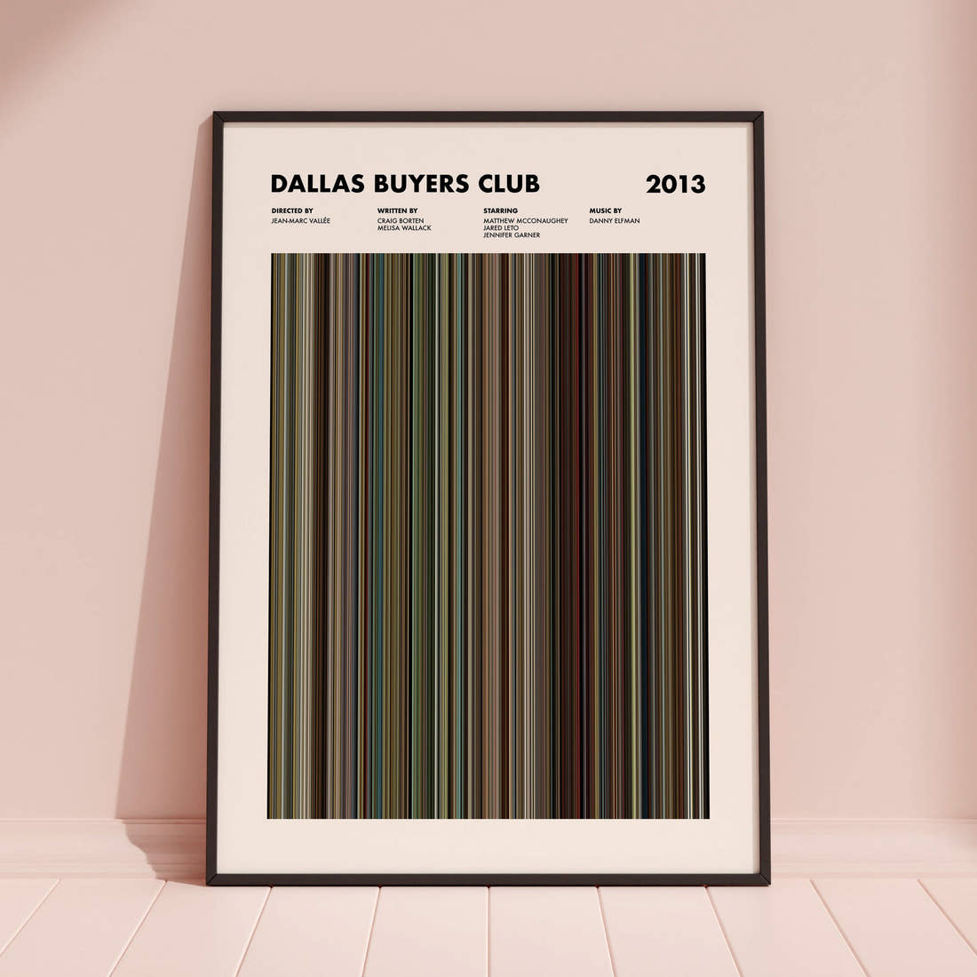 Dallas Buyers Club Movie Barcode Poster framed and leaning against a coloured wall