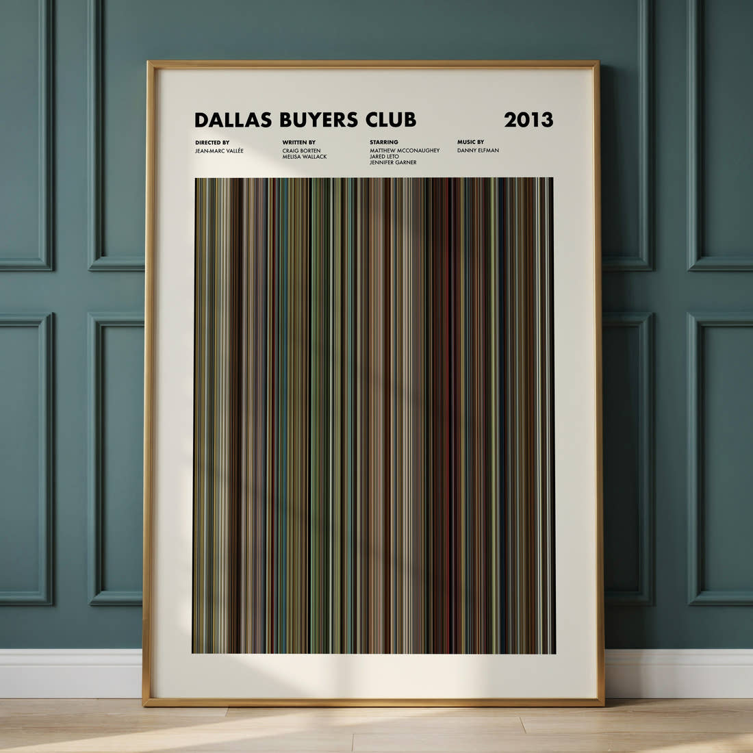 Dallas Buyers Club Movie Barcode Poster framed and leaning against a panelled wall