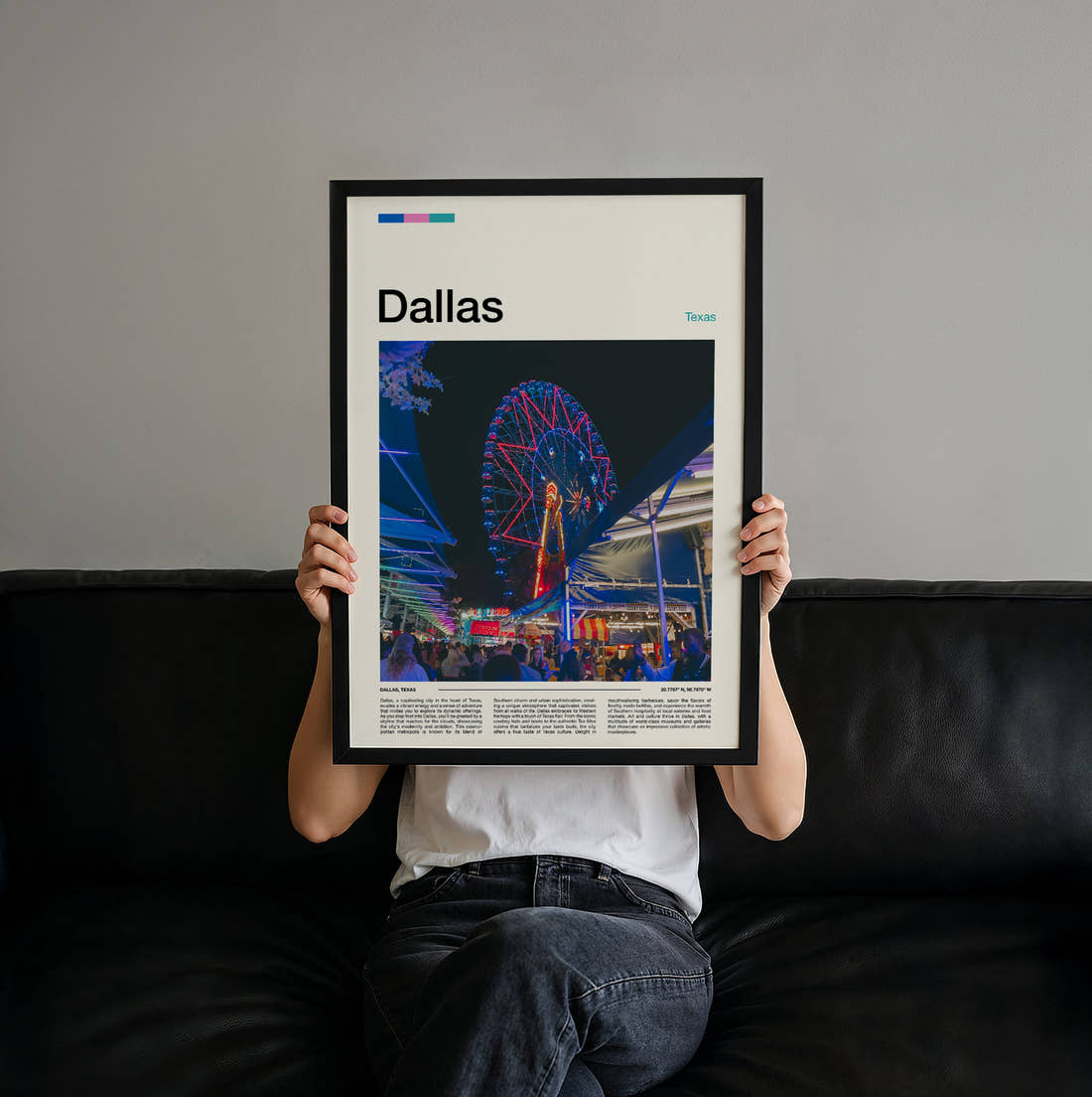 Dallas Ferris Wheel At Night Travel Print held up by hand to show the size of the print