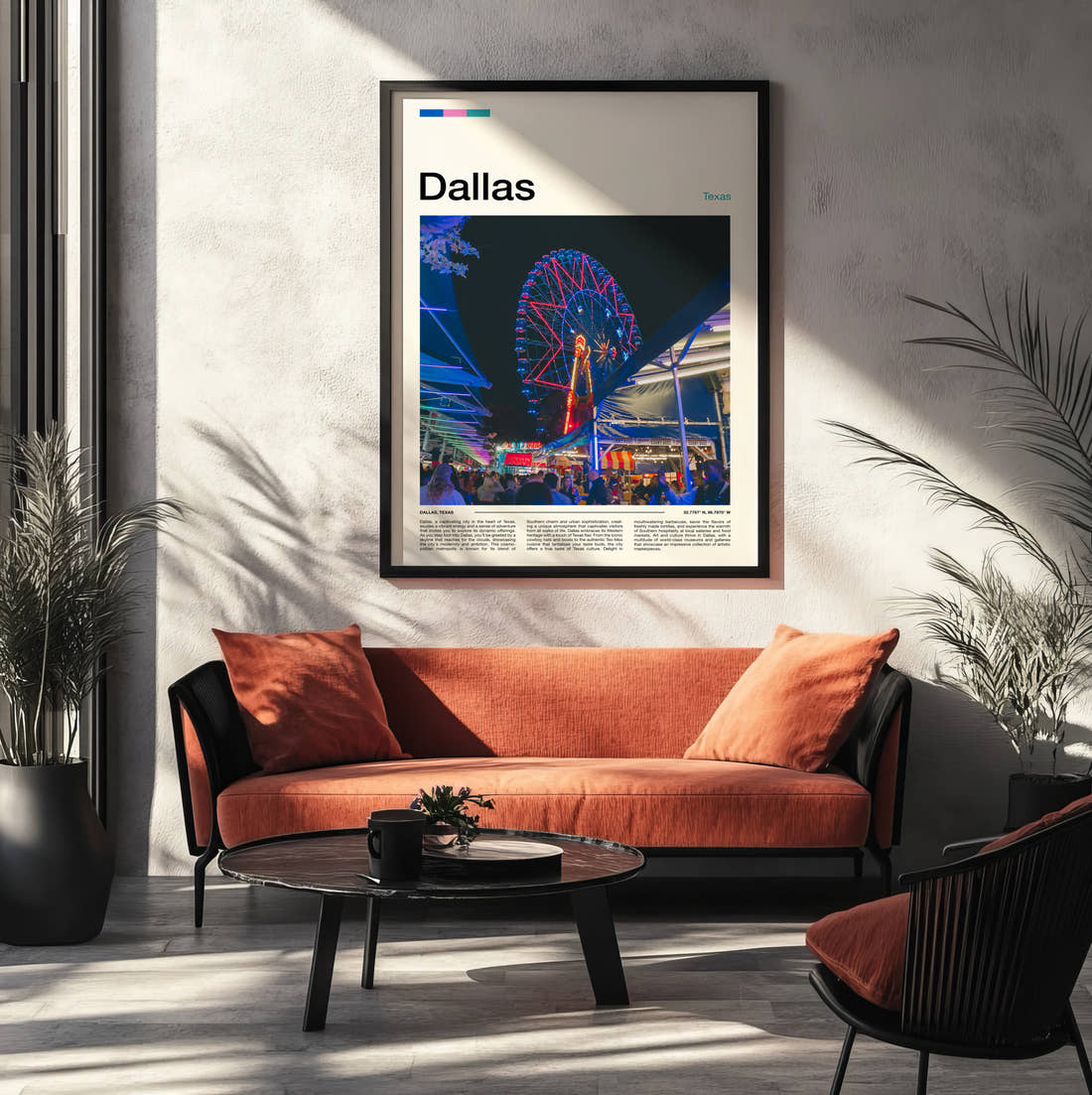 Dallas Ferris Wheel At Night Travel Print framed on the wall of a modern living room