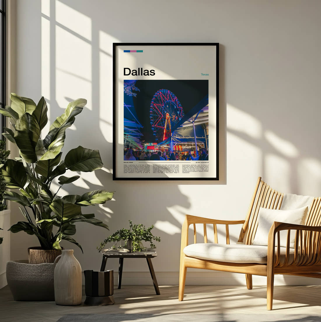 Dallas Ferris Wheel At Night Travel Print framed on a pale wall beside houseplants