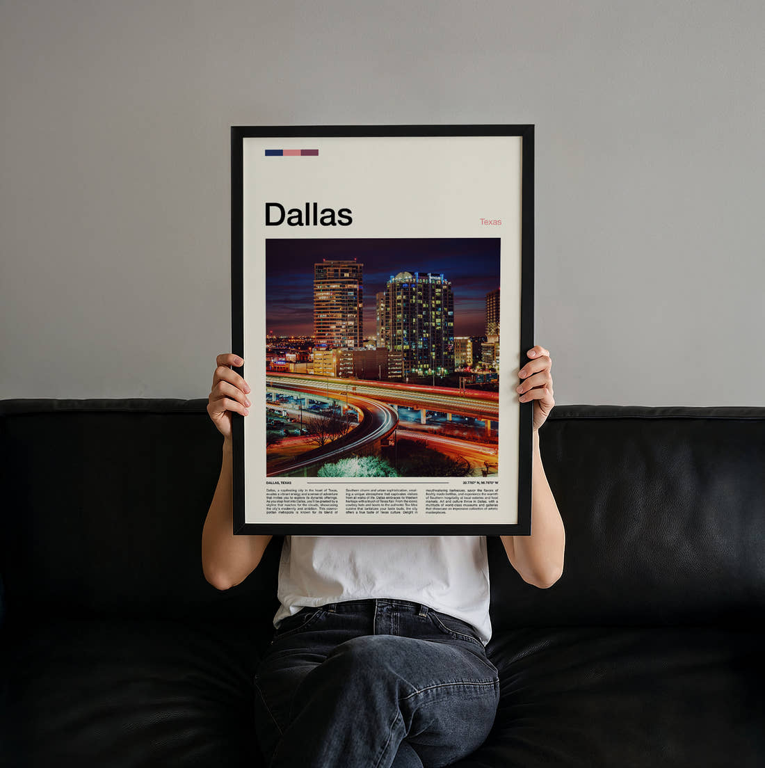 Dallas Night Skyline Travel Print held up by hand to show the size of the print