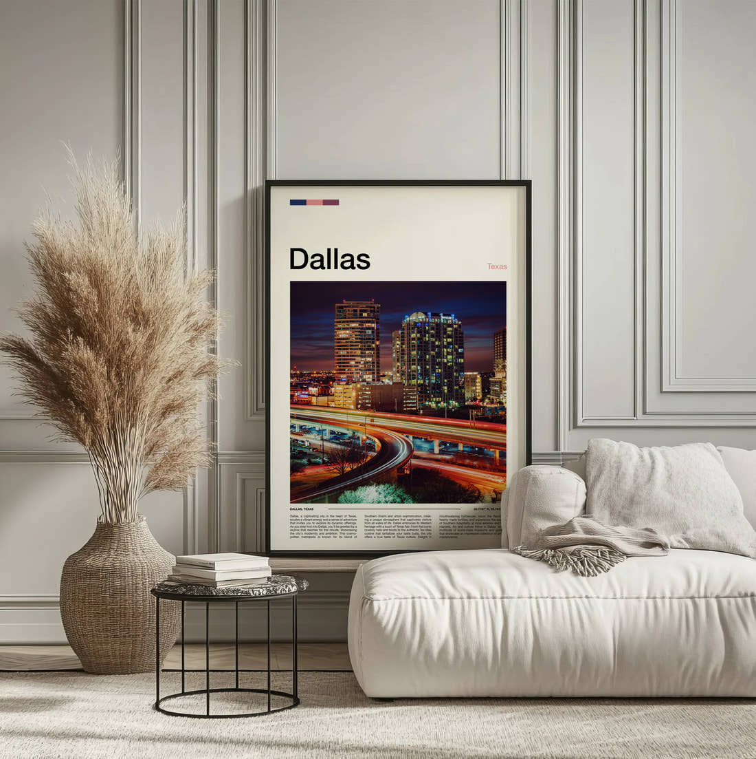 Dallas Night Skyline Travel Print framed on the wall of a calm, neutral bedroom