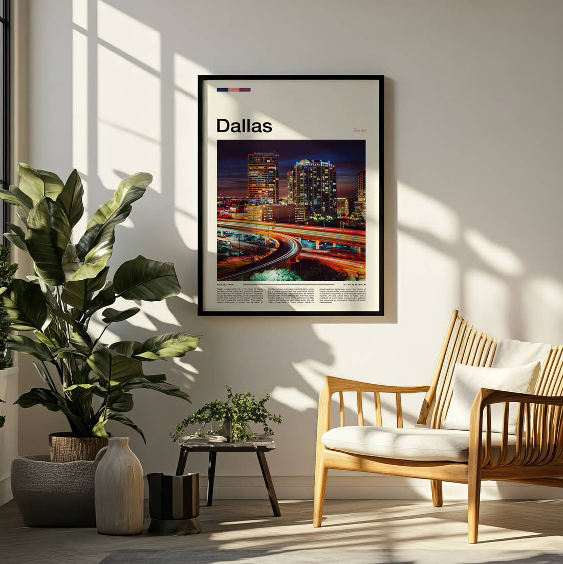 Dallas Night Skyline Travel Print framed on a pale wall beside houseplants