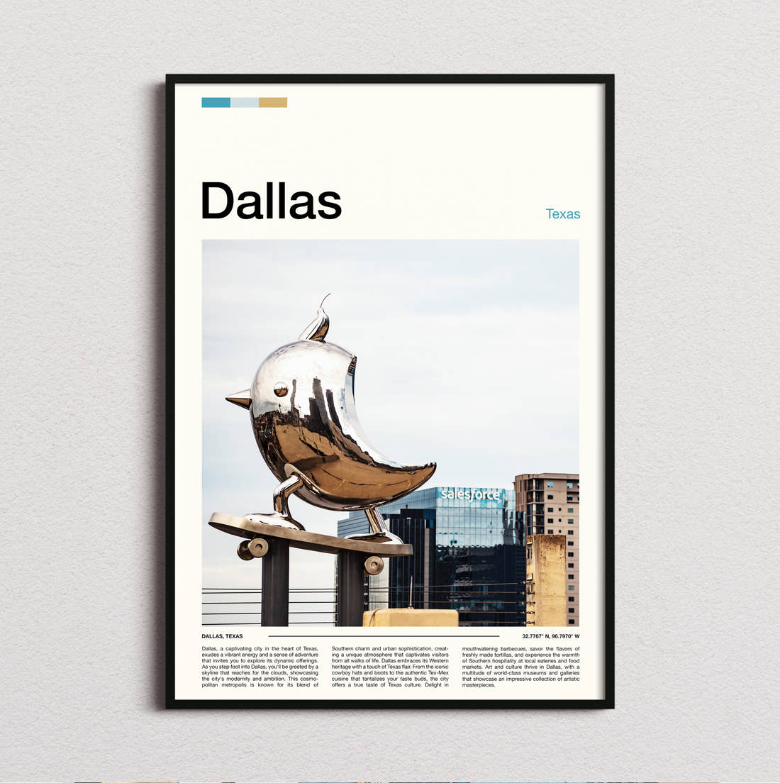 Dallas Silver Bird Sculpture Travel Print framed and photographed straight on