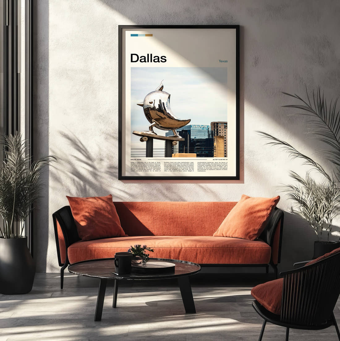 Dallas Silver Bird Sculpture Travel Print framed on the wall of a modern living room