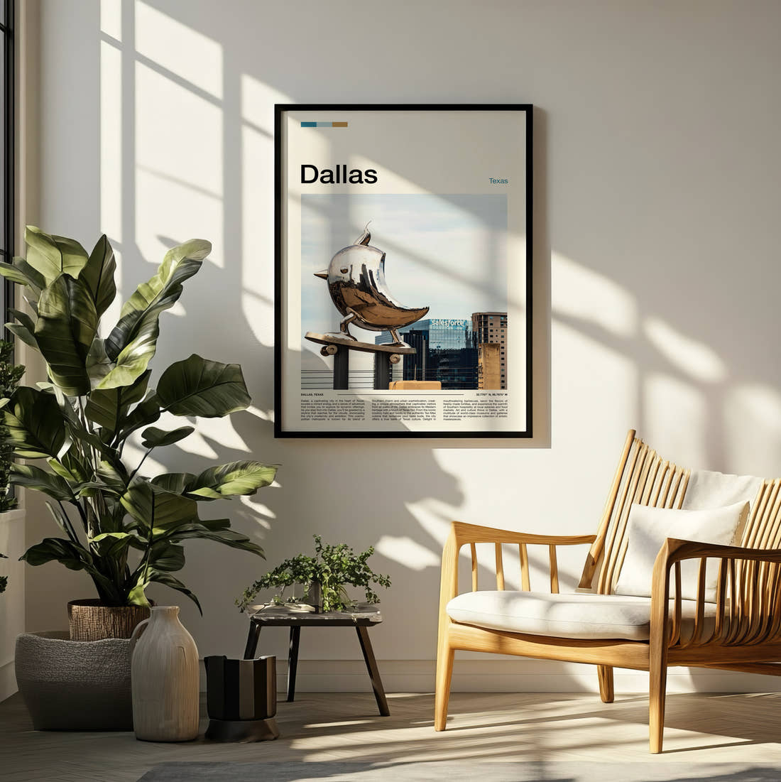 Dallas Silver Bird Sculpture Travel Print framed on a pale wall beside houseplants