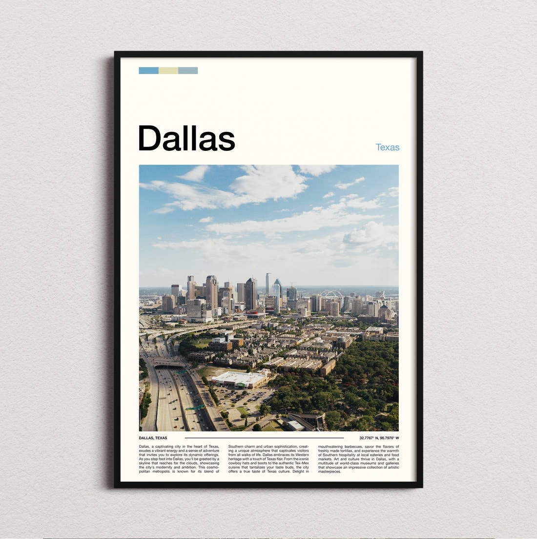 Dallas Downtown Skyline Travel Print framed and photographed straight on
