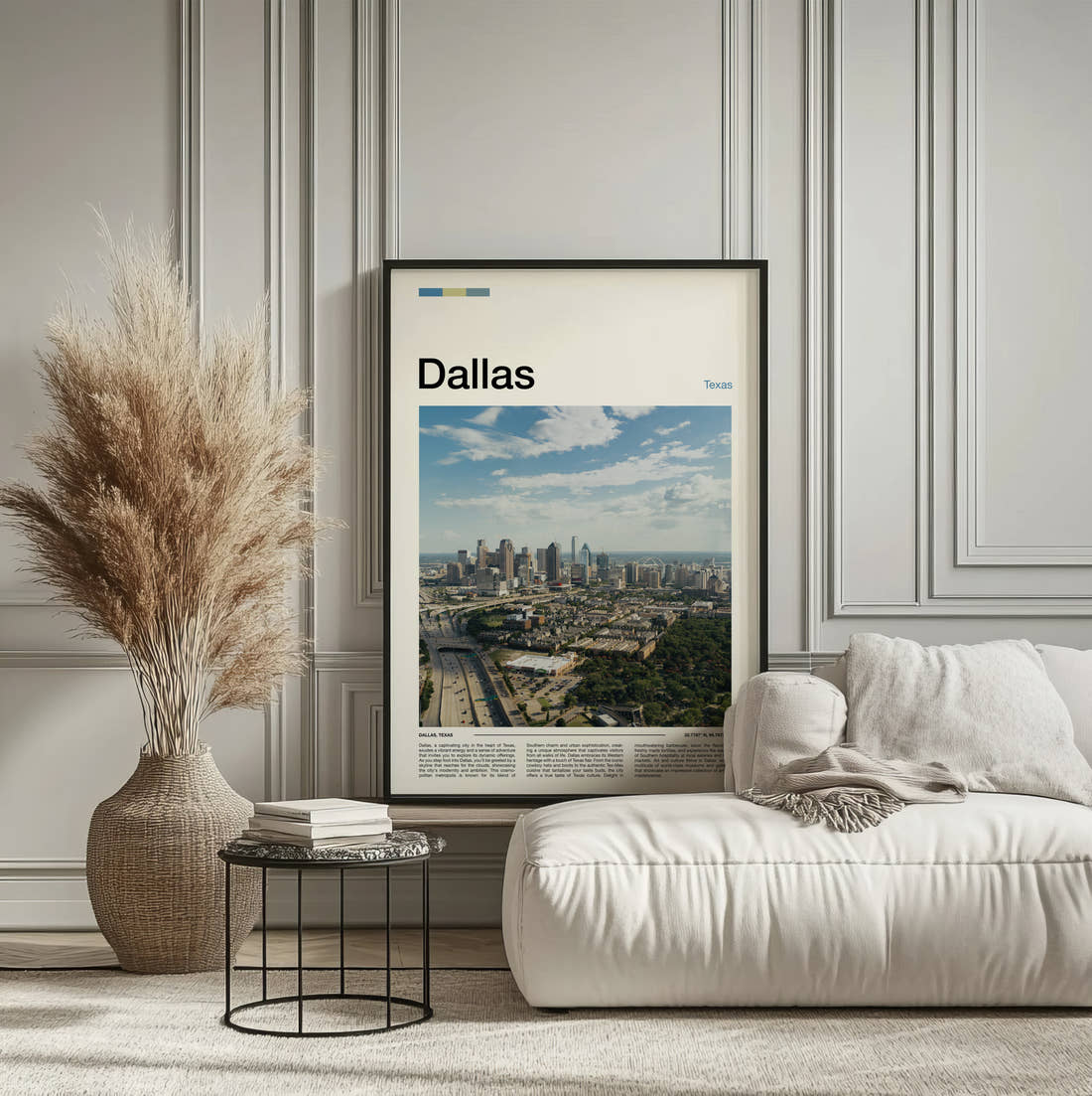 Dallas Downtown Skyline Travel Print framed on the wall of a calm, neutral bedroom
