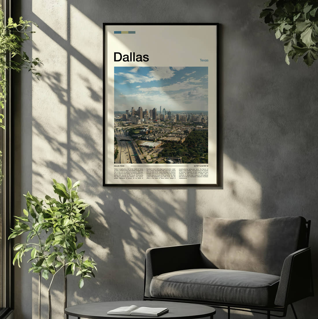 Dallas Downtown Skyline Travel Print framed on the wall of a relaxed living room