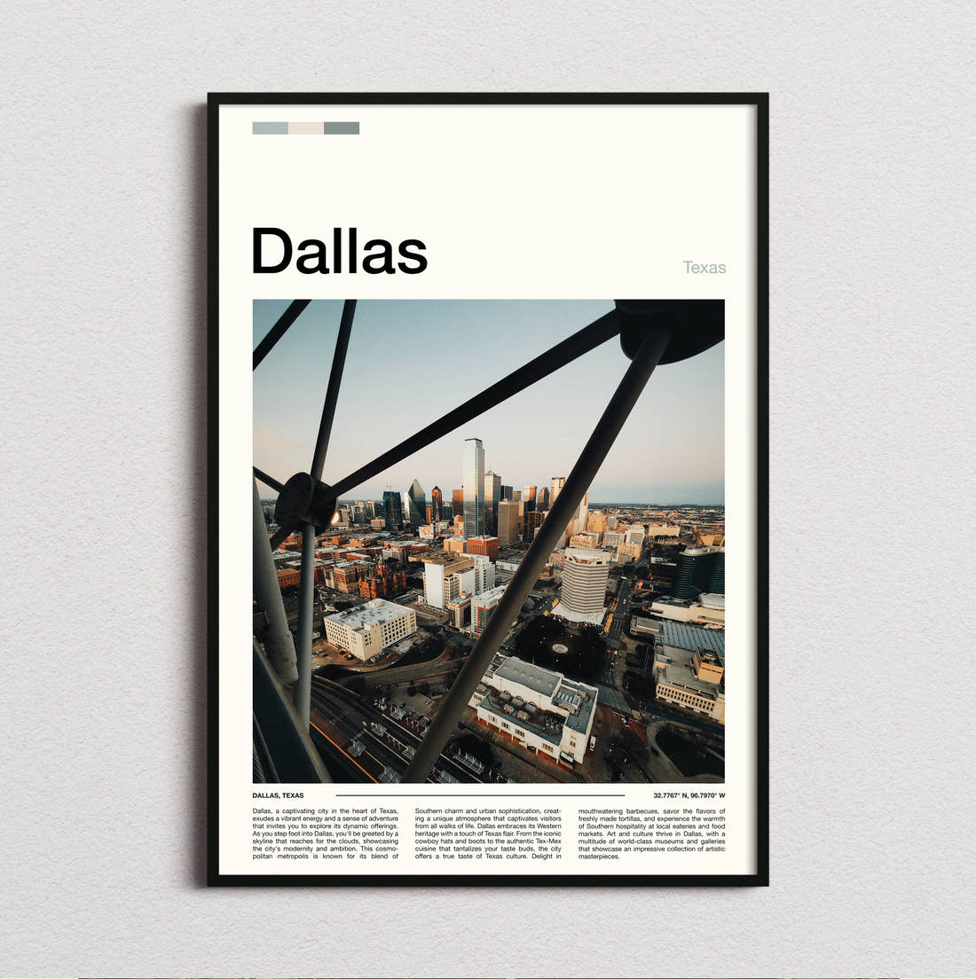 Dallas Skyline Through Steel Frame Travel Print framed and photographed straight on